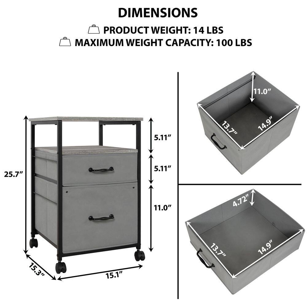 Gray Metal and Wood Rolling 2-Drawer Nightstand