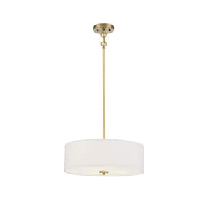 18 in. W x 6.5 in. H 3-Light Warm Brass Shaded Pendant Light with White Fabric Drum Shade