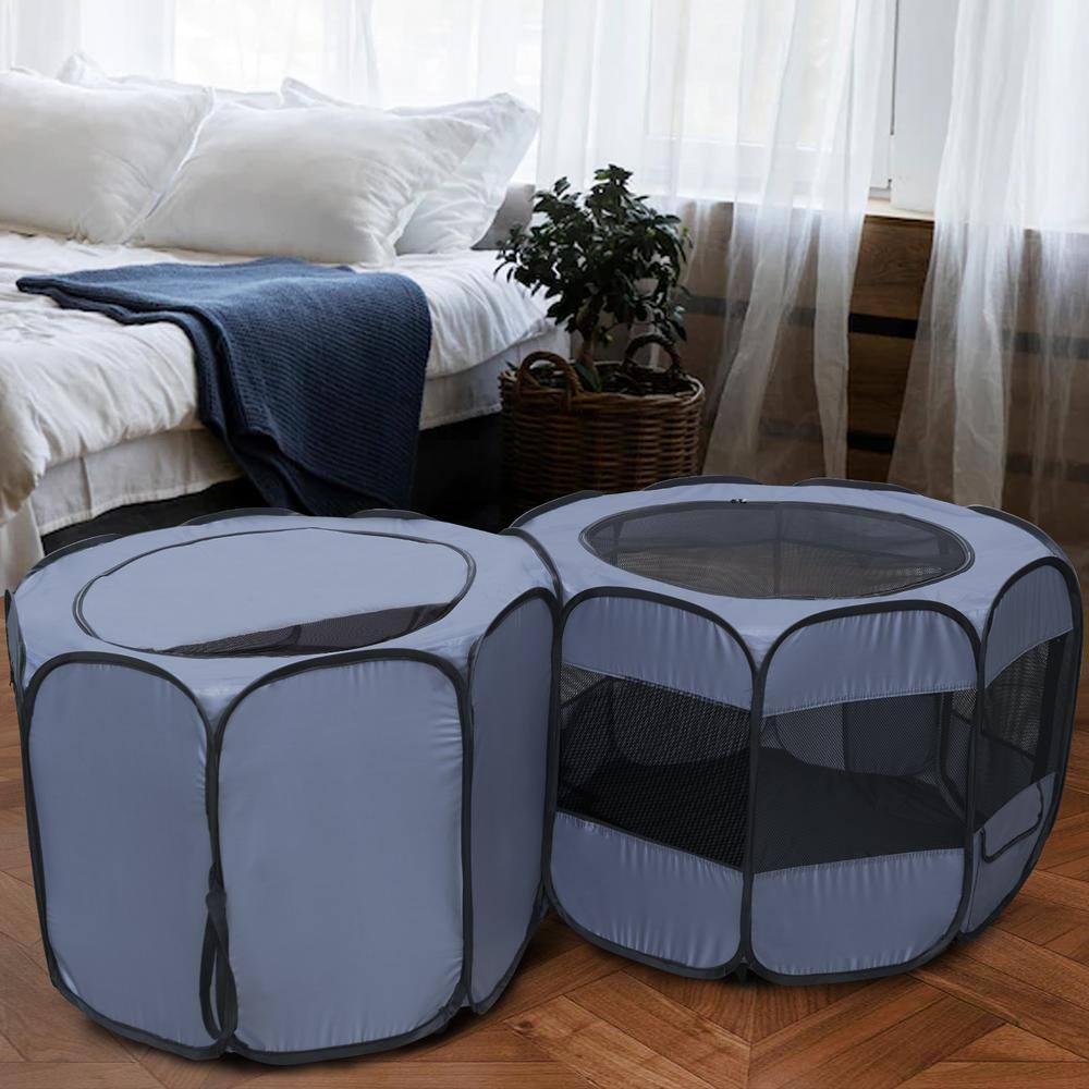 Gray Double Room Pop-Up Pet Playpen with Mesh Panels