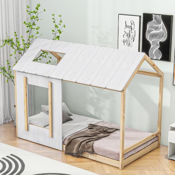 Harper & Bright Designs Antique White and Natural Wood Frame Twin Size House Platform Bed with Roof and Window