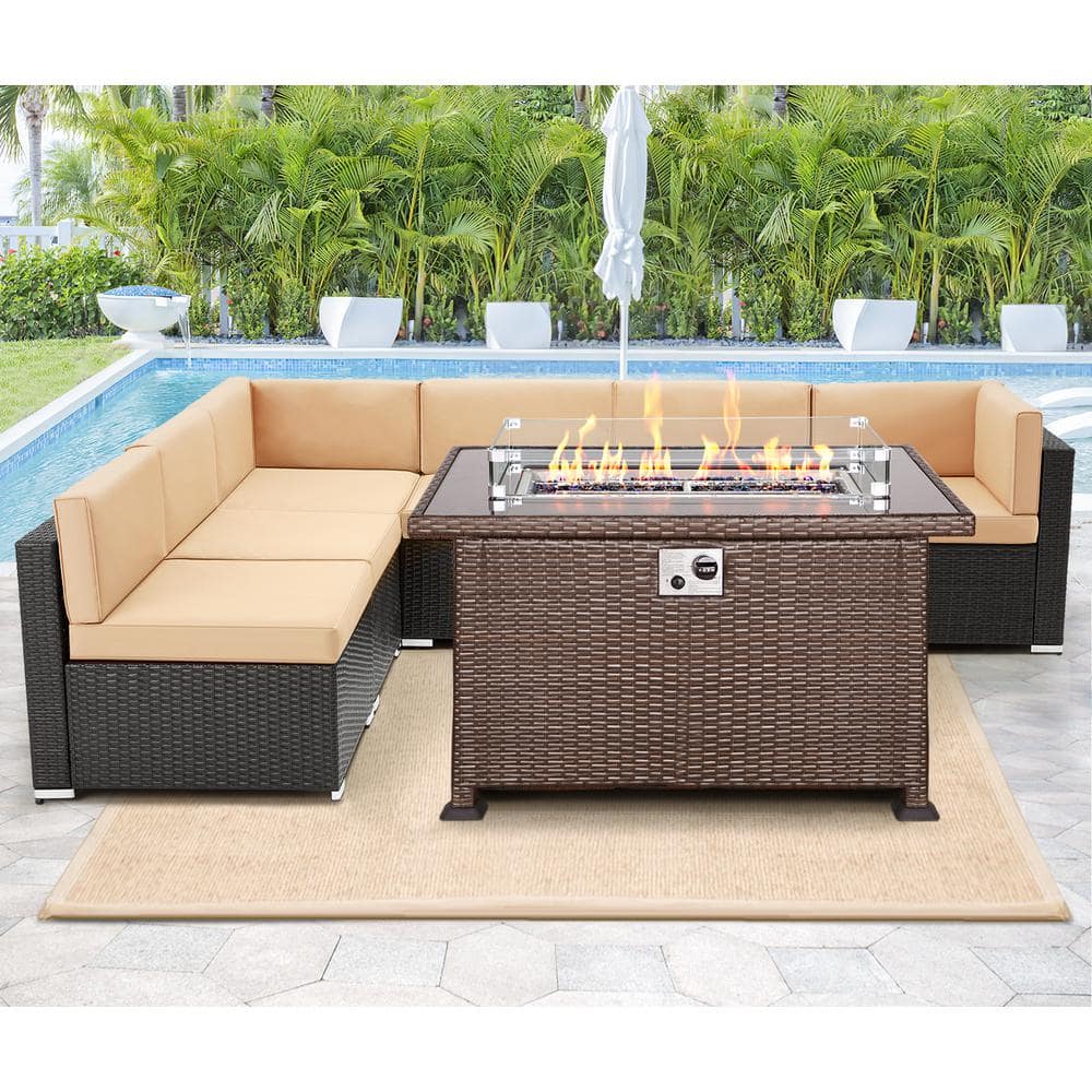 AECOJOY Brown 7-Piece Wicker Patio Conversation Set Firepit Outdoor ...