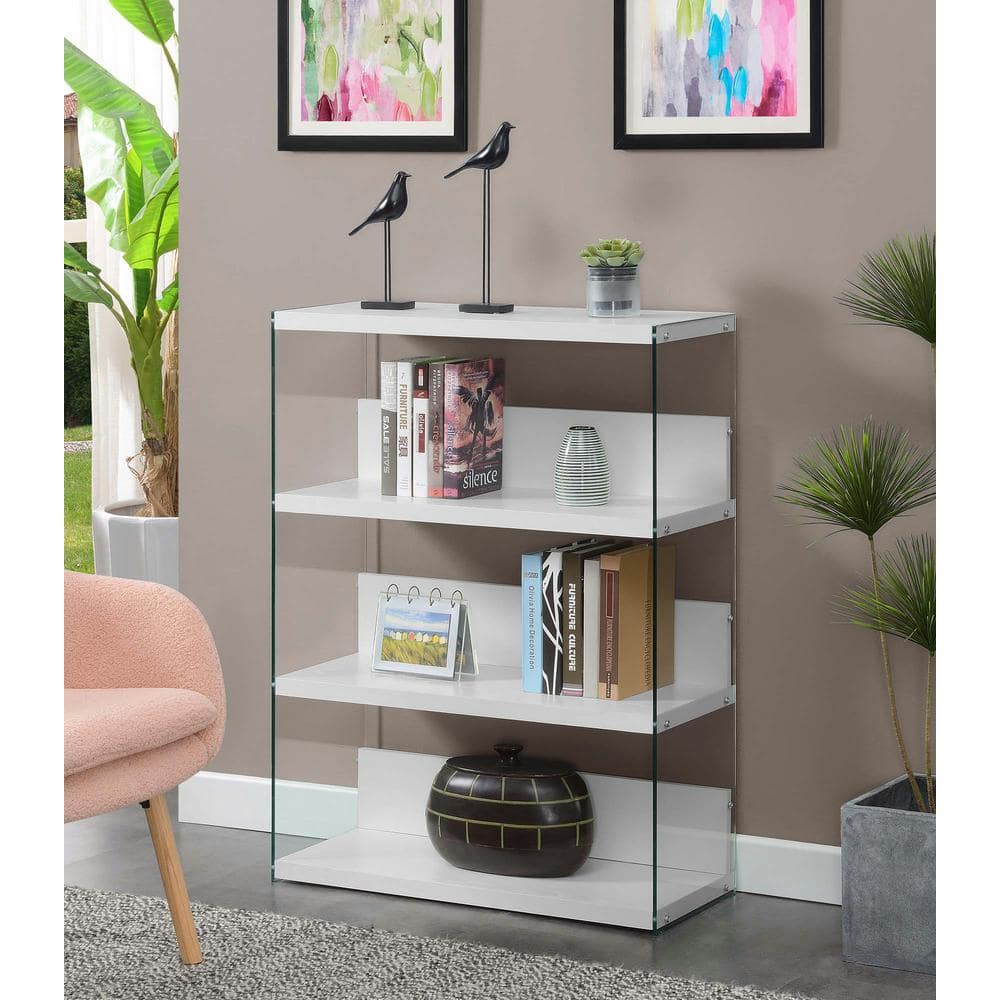 White Wood and Glass 4-Tier Wide Bookcase