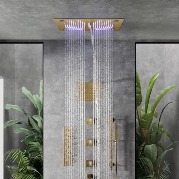 Large 63-Spray 28L in. and 8 in. Dual ShowerHead Ceiling Mount Fixed and Handheld Shower Head in Brush Gold 2.5GPM