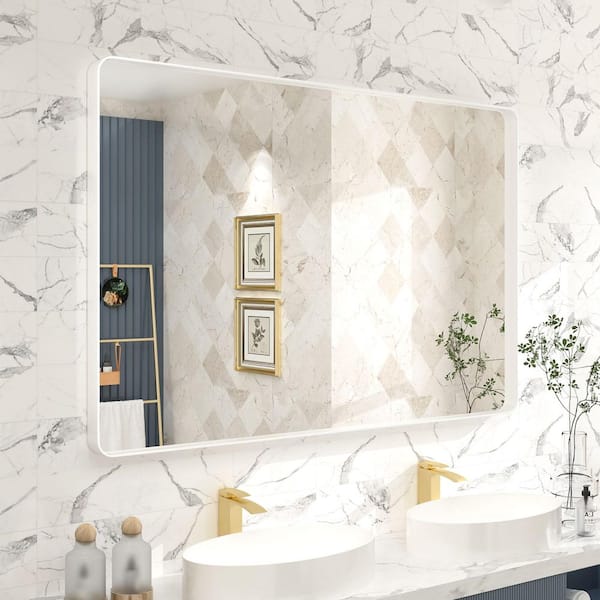 GODCHAR 48 in. W x 32 in. H Rectangular Aluminum Alloy Frame with Inner Deep Design and Tempered Glass Wall Mirror in White