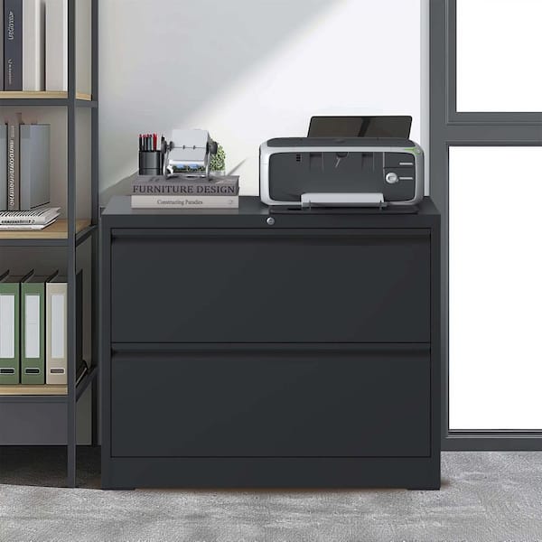 2-Drawer Black Metal 35.43 in. W Under Desk Lateral File Cabinet, Lockable File Cabinet for Home Office