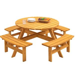 70 in. Light Brown Round Fir Wood Outdoor Picnic Table Seats 8 People with Umbrella Hole
