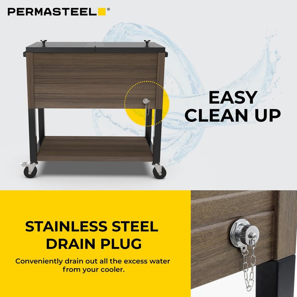 Permasteel 80-Quart Brown Woodgrain Rolling Patio Cooler with Insulated Basin