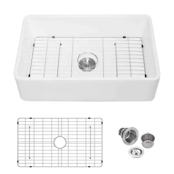 30 in. Fireclay Farmhouse Sink Reversible Single Bowl White Kitchen Sink with Bottom Grid