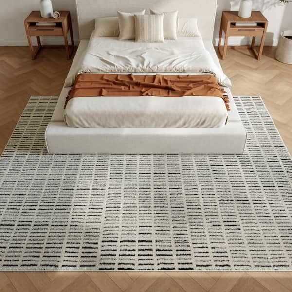 Cozy Modern Ivory Black 9 ft. x 12 ft. Linear Contemporary Area Rug