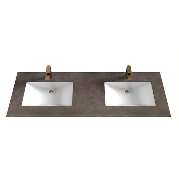 castellousa Monica 60 in. W x 22 in. D Porcelain Vanity Top in Rustic Black Marble with Double Sink Basin