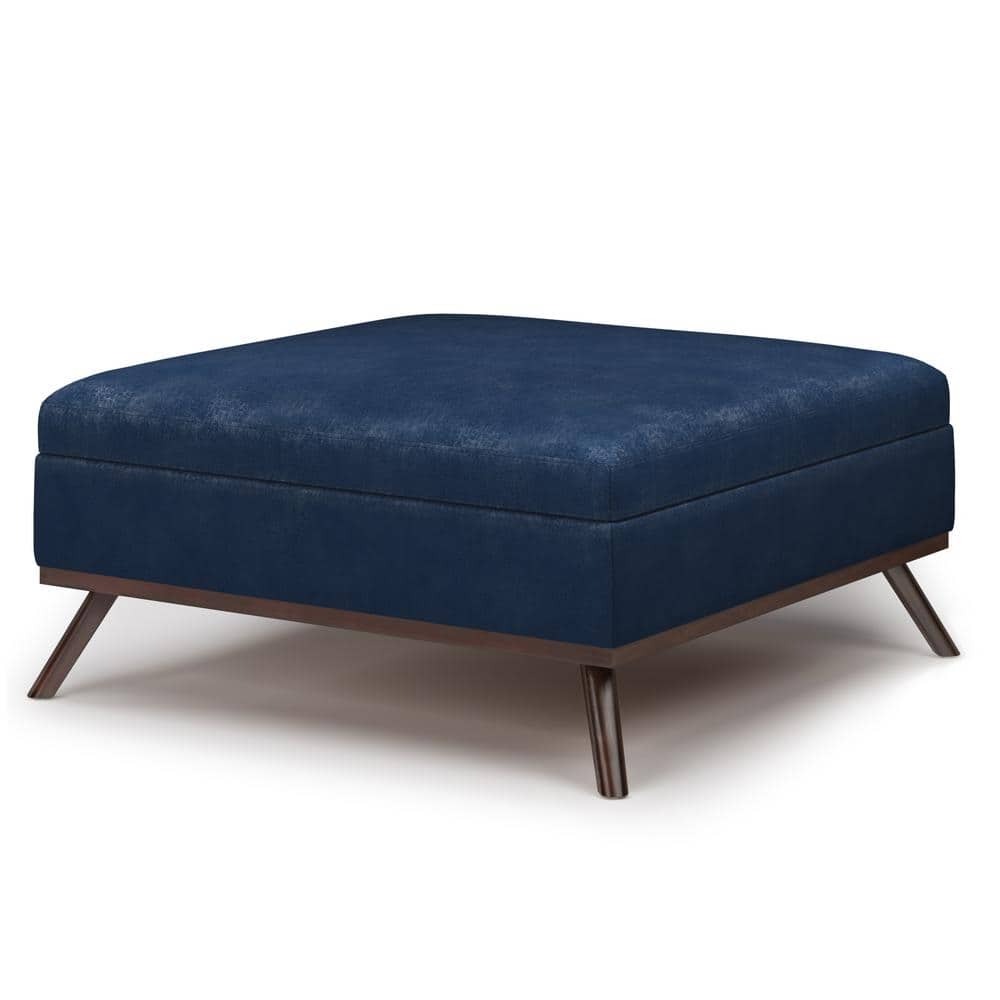 Owen Mid-Century Distressed Dark Blue Faux Leather Storage Ottoman