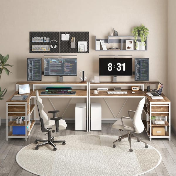 BYBLIGHT Lanita 55.1 in. Reversible L Shaped Desk Brown and White