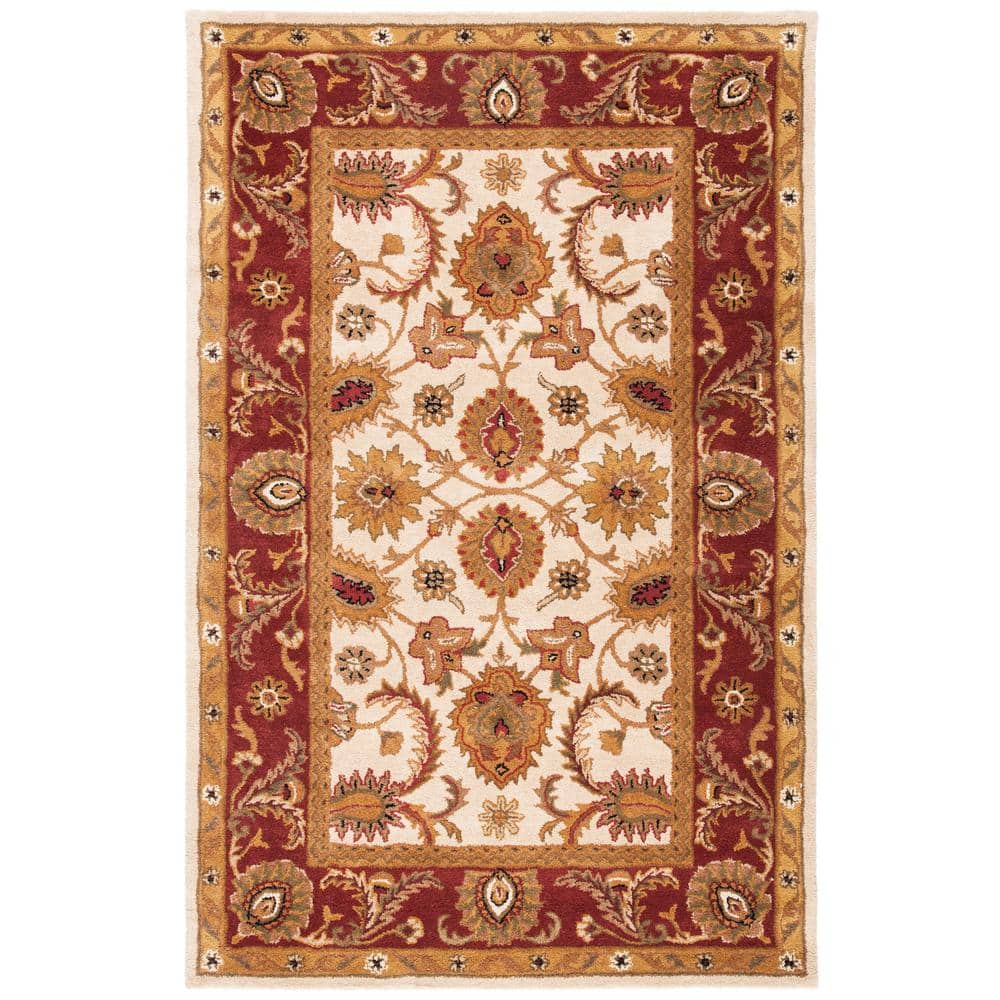 Ivory and Red Hand-Tufted Wool Rectangular Area Rug 5'x8'