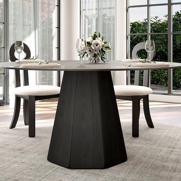 Modern 59.05 in. Black Round Tempered Glass Tabletop Dining Table with Black Pedestal Base  (Seats 8)