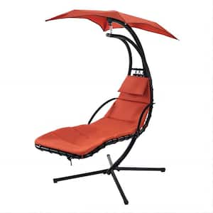 Built-in Pillow Metal Hanging Chaise Outdoor Lounge Chair with Removable Canopy and Orange Cushion