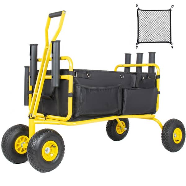 Yellow and Black Heavy Duty Beach Cart, Garden Cart 550lbs Folding Wagon with Rod Holders and for Beach Sand
