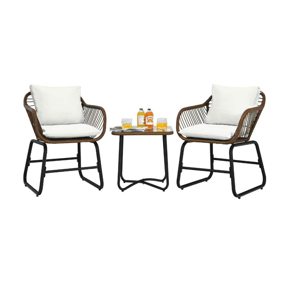 3-Piece PE Rattan Patio Bistro Set with Cushioned Armchairs and Glass Table, White price history on PriceWatchPro