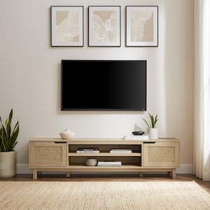 70 in. Coastal Oak Wood Modern TV Stand with 2 Faux Rattan Doors Fits TVs up to 80 in.