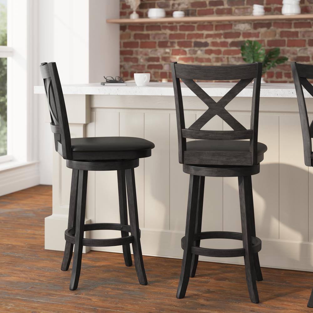 Gray Wash Walnut Crossback Swivel Bar Stool with Faux Leather Seat