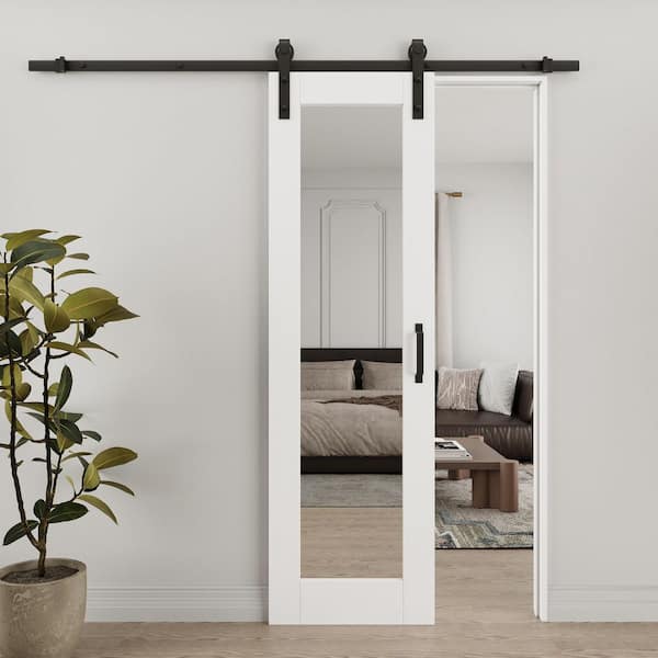 24 in. x 80 in. 1-Lite Full Length Mirrored Glass White Primed MDF DIY Painting Sliding Barn Door with Hardware Kit