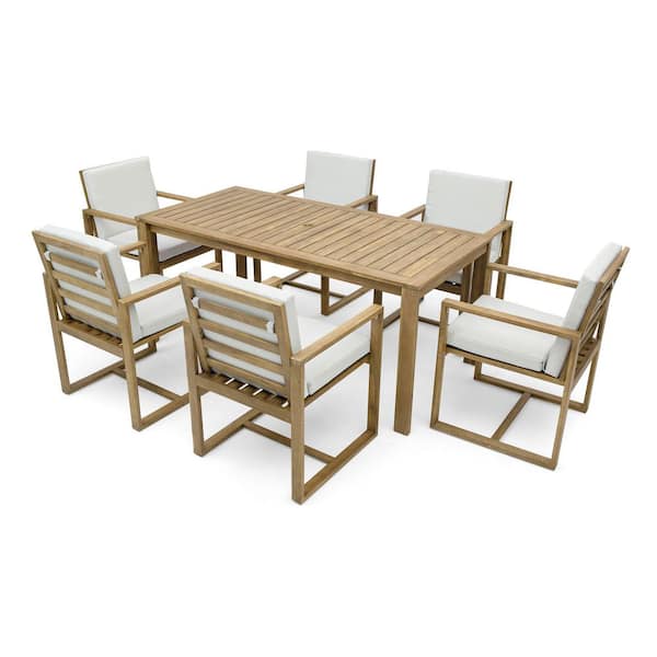 7-Piece Light Teak Wood Outdoor Dining Set, Patio Table with 1.97" Umbrella Hole & 6 Arm Chairs with Beige Cushions