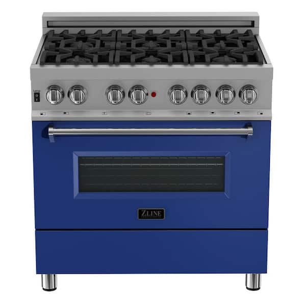 36 in. Legacy Dual Fuel Range with 6 Burners and Electric Convection Oven in Satin Stainless Steel and Blue Matte Door