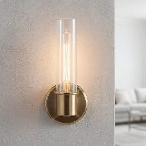 Aviv 1-Light Champagne Bronze Bathroom Indoor Wall Sconce Light with Clear Glass Shade