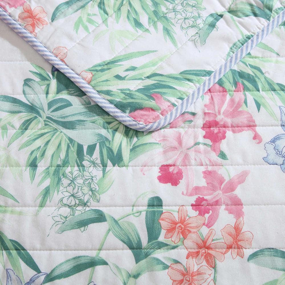 Twin Blue Cotton Reversible Quilt Set with Botanical Pattern