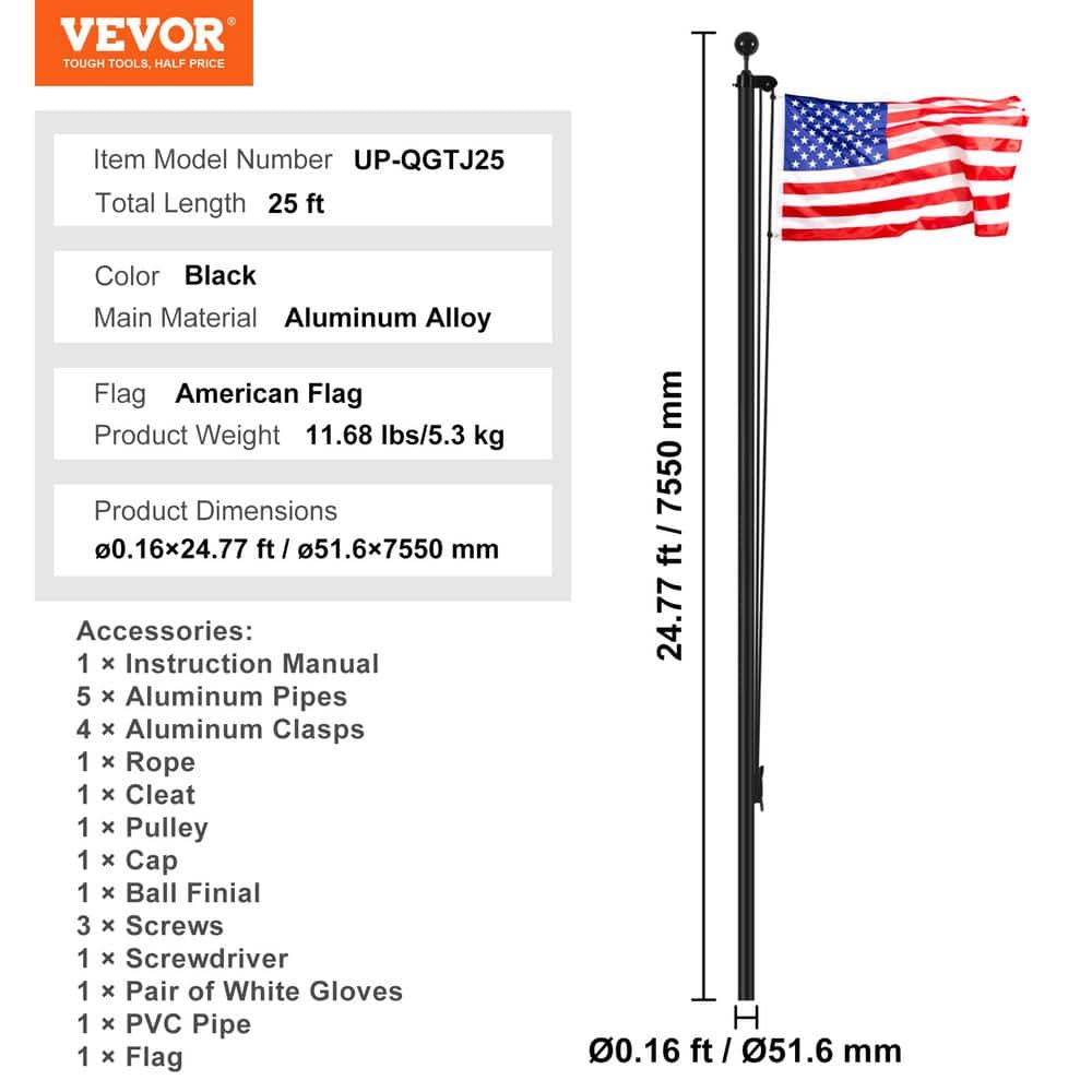 25ft Black Aluminum Garden Flagpole with American Flag