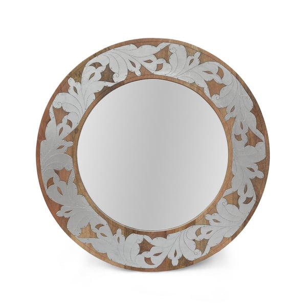 Vsmile Floral 22.5 in. x 22.5 in. Handcrafted Round Wood Framed Wall Mirror
