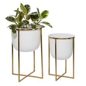 23in. Large White Metal Indoor Outdoor Planter with Removable Stand (2- Pack)