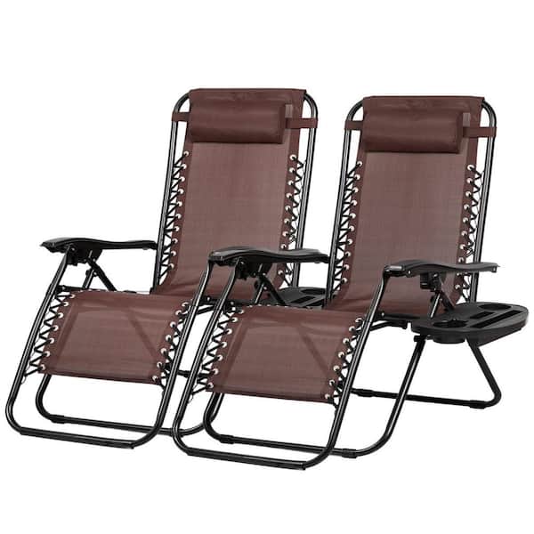 Oyezvary Zero Gravity Adjustable Lounge Chair Metal Reclining Beach Chair with Pillow and Cup Holder Set of 2 (Brown)