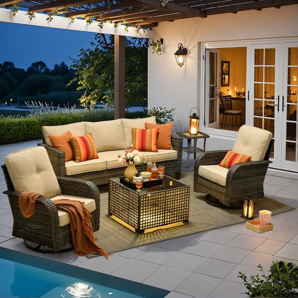 Toject Daphne 5-Piece Wicker Patio Conversation Sofa Seating Set with Swivel Rocking Chairs and Beige Cushions