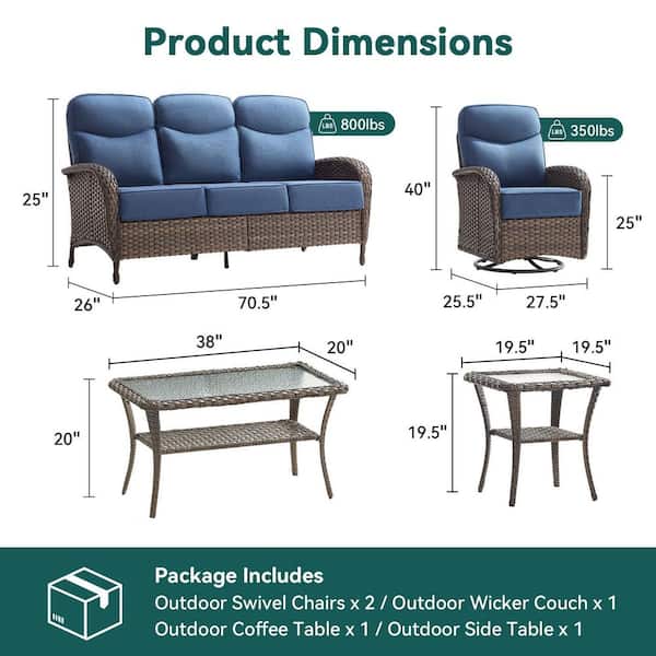Moonridge 5-Piece Brown Wicker Patio Conversation Set with 6 in. Olefin Blue Cushions/Patio Swivel Chair with Couch