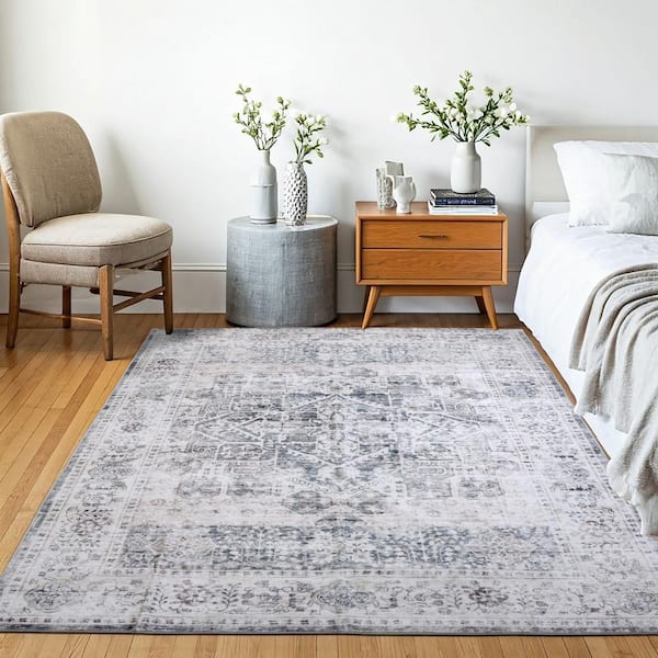 Machine Washable Paisley Eternal Ash 3 ft. x 5 ft. Kitchen/Bedroom/Living Room Indoor Area Rug