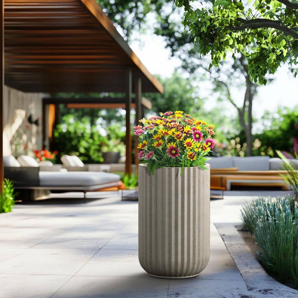 14 in. Large Light Gray (Enhanced Core) Concrete Round Planter/Pot with Drainage Holes and Vertical Ribbed Texture price history on PriceWatchPro