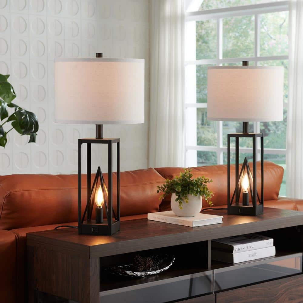 Black Metal 23.5'' Table Lamp Set with USB Ports and Night Light
