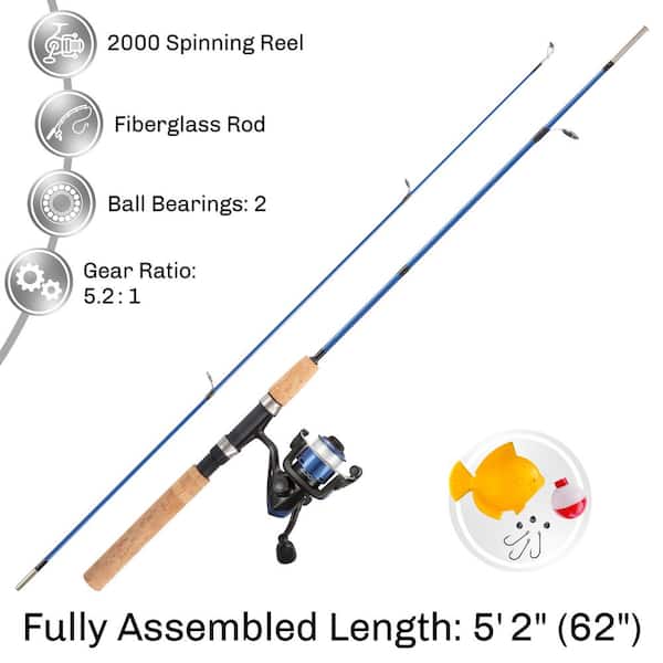 Trademark Global LLC Blue 5 ft. 2 in. Fiberglass Fishing Rod and Reel Starter Set 2000 Aluminum Spinning Reel for Beginners, Kids & Adults