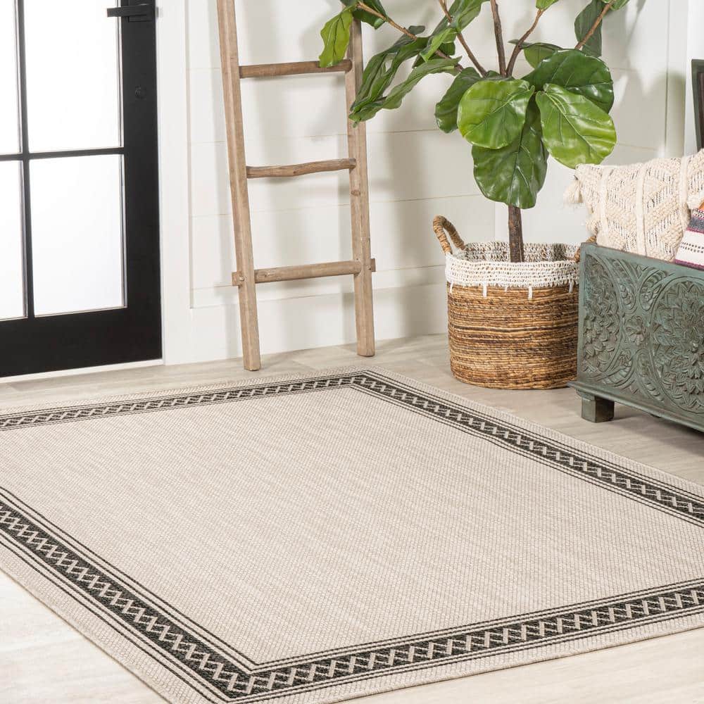 Lucia Modern Diamond Border Cream/Black 8' x 10' Indoor/Outdoor Rug
