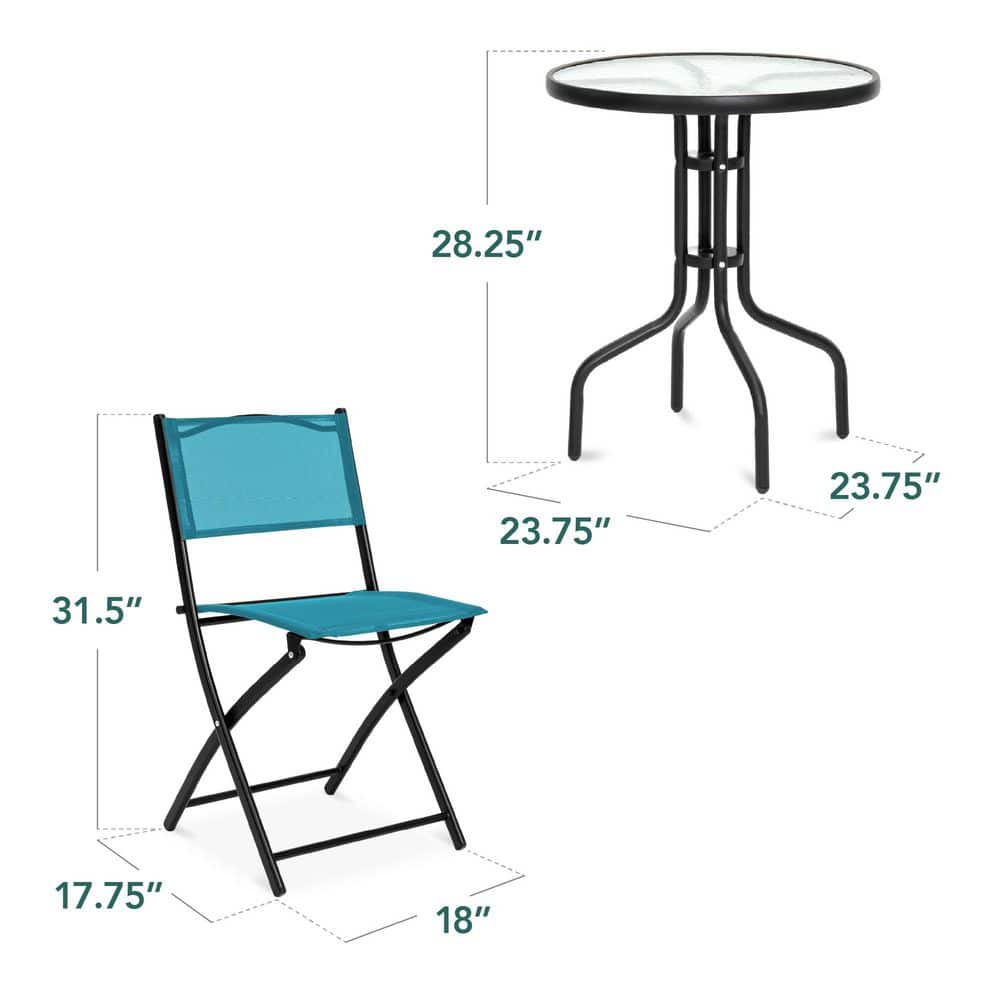 Peacock Blue 3-Piece Patio Bistro Set with Glass Tabletop