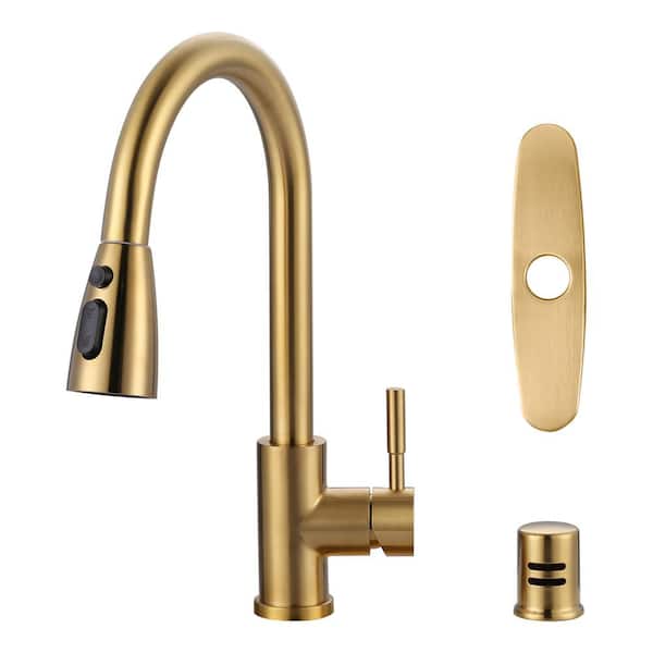 Single Handle Pull Down Sprayer Kitchen Faucet with 3-Mode Sprayer and Air Gap Kit in Gold
