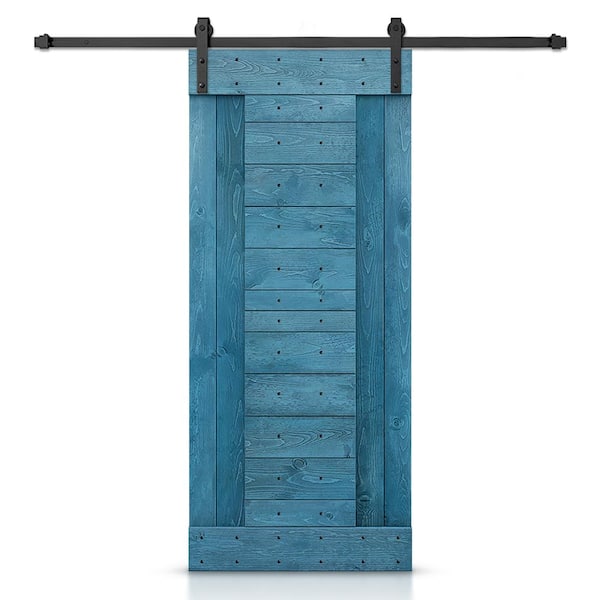 CALHOME 24 in. x 84 in. Ocean Blue Stained DIY Knotty Pine Wood Interior Sliding Barn Door with Hardware Kit
