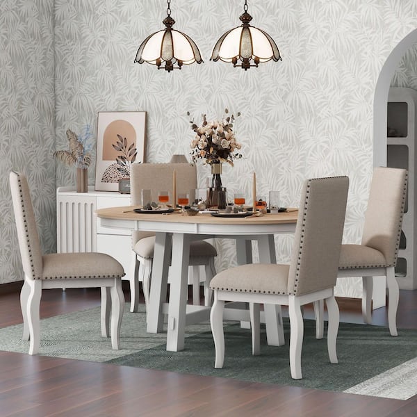 Mapleton 5-Piece Round Oak Natural Finish + Antique White MDF Wood Top Extendable Dining Table Set with Chairs, 4 Seats