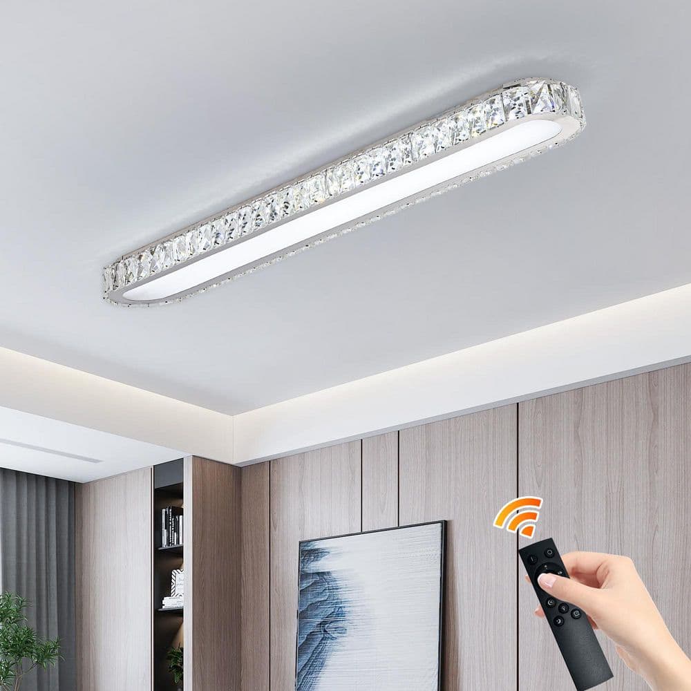 Genoci 39.37 in. 48-Watt Modern Chrome Crystal Dimmable Integrated