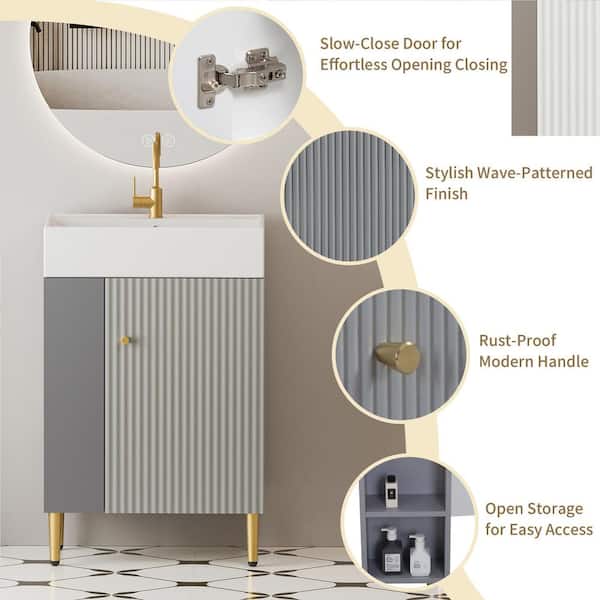 22 in. W x 12 in. D x 34 in. H Single Sink Bath Vanity in Grey with White Ceramic Top and Left Side Open Storage Shelves