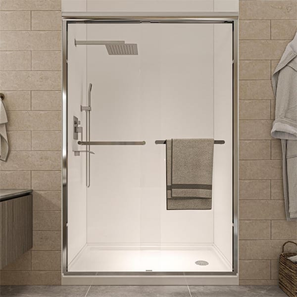 waterpar 46 to 48 in. W. x 72 in. H Double Sliding Semi-Frameless Shower Door in Brushed Nickel with Double Handle