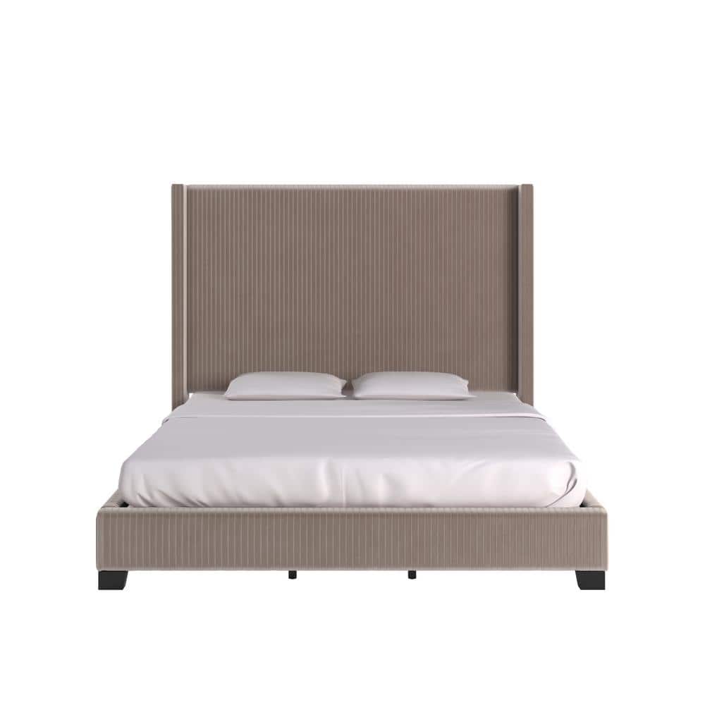 Front view of the Inspire Q Taupe Gray Pleated Velvet King Wingback Bed with white bedding.
