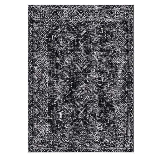 Black 10 ft. x 13 ft. Washable Vintage Distressed Bohemian Style PolyesterArea Rug