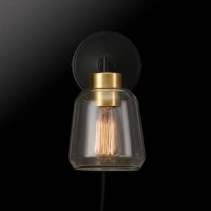 Salma 1-Light Matte Black Plug-In or Hardwire Wall Sconce with Antique Brass Socket and Clear Glass Shade