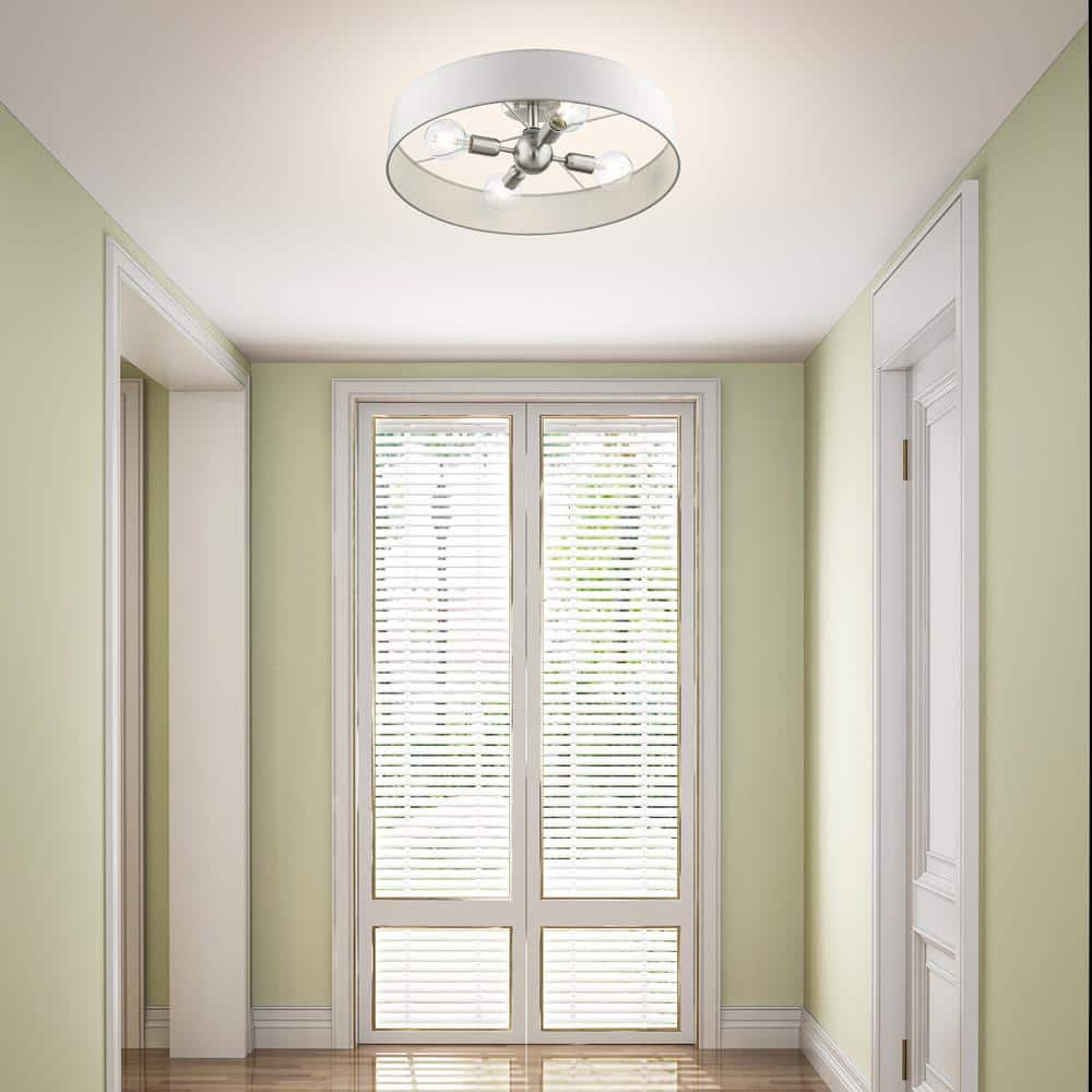 Sophisticated Brushed Nickel 4-Light Indoor/Outdoor Drum Pendant with Off-White Fabric Shade